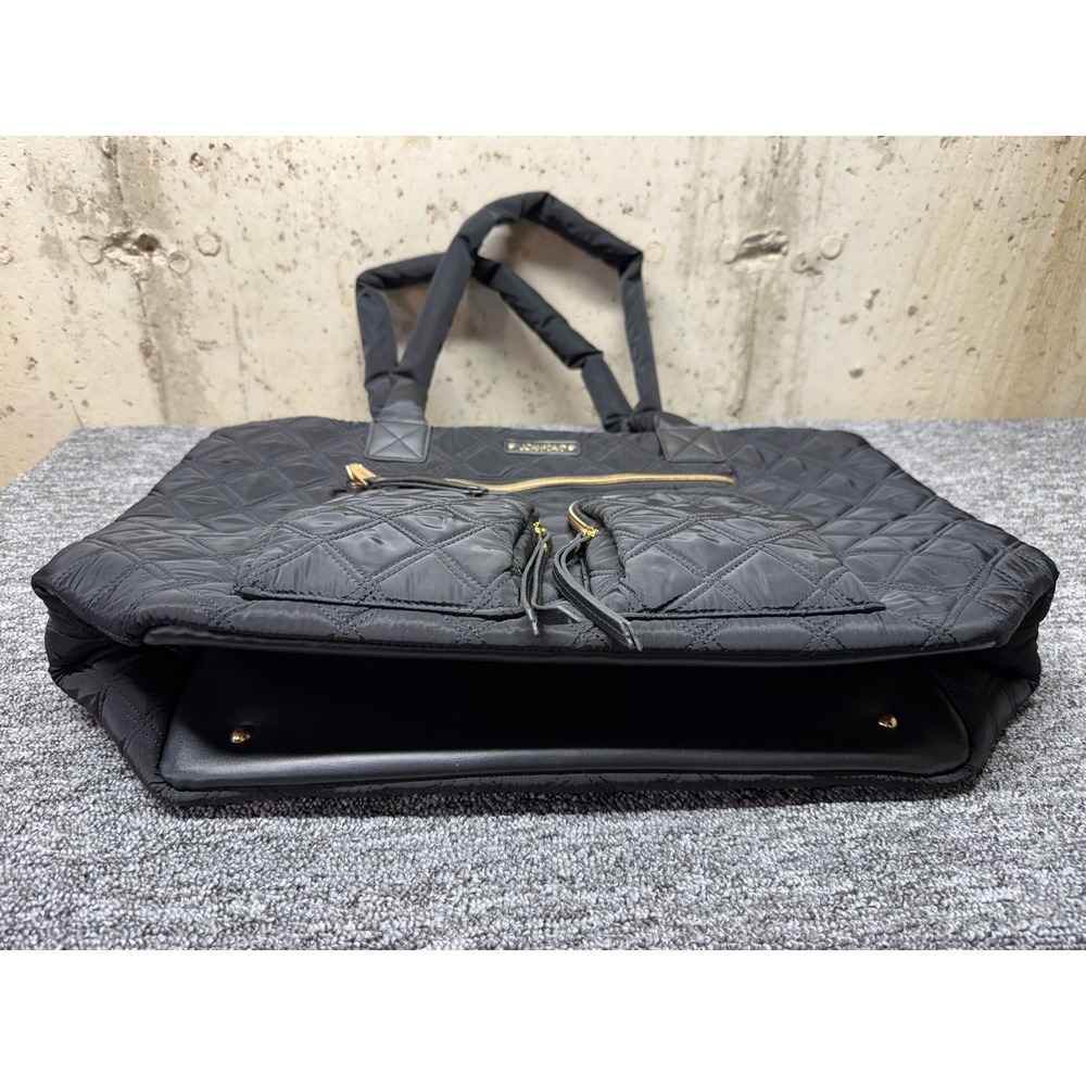 Joan & David Black Quilted Nylon Tote Bag Travel Carryall Gold Hardware - Picture 3 of 13